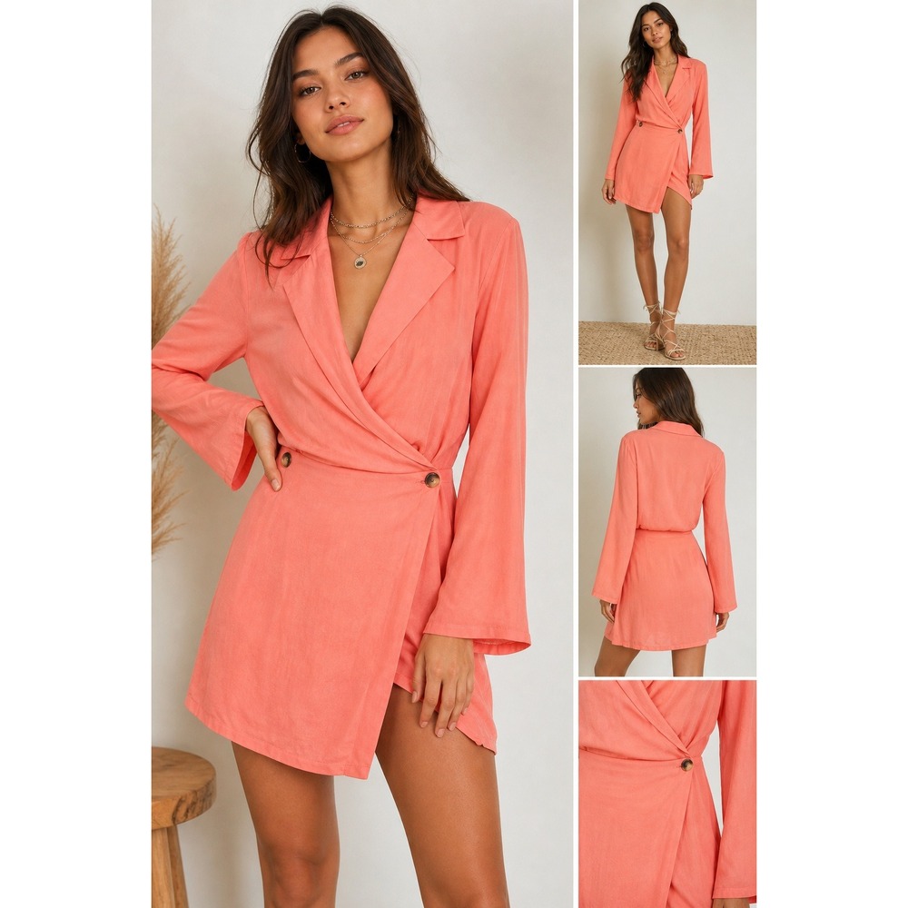 Free People Dress Coral Jacquard Wrap Front Long Sleeve Boho Mini Size M